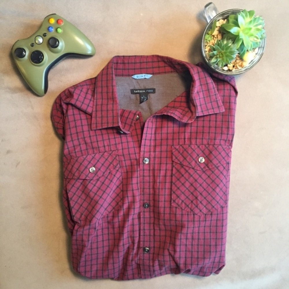Van Heusen Studio Slim Fit Plaid Button-Up Shirt – Casual Workwear, Size Large
